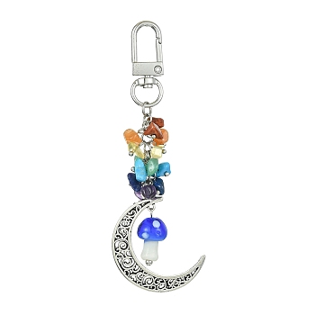 Moon Alloy Pendant Decoraiton, with Gemstone Chip Beads and Mushroom Handmade Lampwork Beads, Alloy Swivel Clasps, Chakra, Blue, 103mm