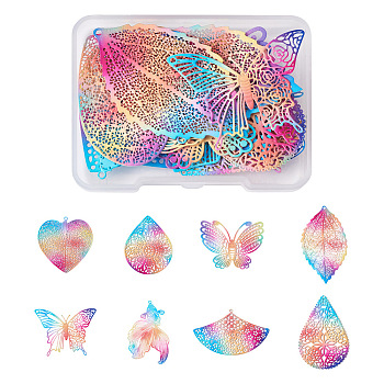 16Pcs 8 Style 430 Stainless Steel Filigree Pendants, Spray Painted, Etched Metal Embellishments, Butterfly & Heart & Fan, Colorful, 31~54.5x27~55x0.5mm, Hole: 0.8~1.6mm, 2pcs/style