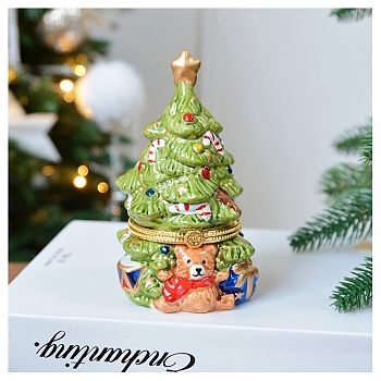 Porcelain Christmas Tree Decorative Hinged Jewelry Trinket Box, for Home Decoration, Lime Green, 70x120mm