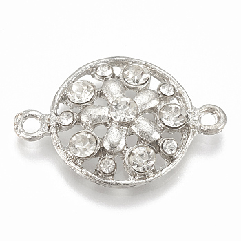 Alloy Rhinestone Links connectors, Flat Round with Flower, Platinum, Crystal, 26.5x18x5.5mm, Hole: 1.5mm