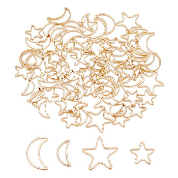 PANDAHALL ELITE 80Pcs 4 Style Brass Linking Rings, Star & Moon, Real 14K Gold Plated, 7~10.5x4~11x1mm, 20pcs/style
