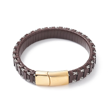 Leather Braided Cord Bracelets, 304 Stainless Steel Magnetic Clasp, Rectangle, Golden, Coconut Brown, 8-5/8 inch(22cm), 12x6mm
