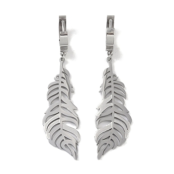 Feather 304 Stainless Steel Dangle Earrings, Hoop Earrings for Women, Stainless Steel Color, 55x14mm
