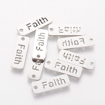 304 Stainless Steel Pendants, Inspirational Message Pendants, Rectangle with Word Faith, Stainless Steel Color, 17x6x1mm, Hole: 1.5mm