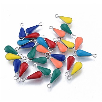304 Stainless Steel Enamel Charms, Stainless Steel Color, Teardrop, Mixed Color, 12x4.5x2mm, Hole: 1.2mm