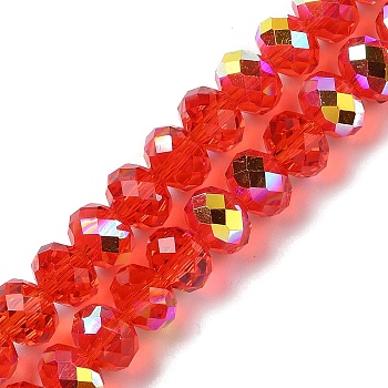AB Color Plated Transparent Electroplate Beads Strands, Faceted, Round, Crimson, 7.5x6mm, Hole: 1mm, about 80~83pcs/strand, 18.31~19.88''(46.5~50.5cm)
