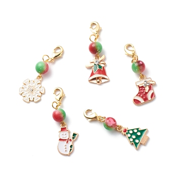 Christmas Theme Alloy Enamel Pendant Decorations, with Brass Lobster Claw Clasps and Spray Painted Resin Round Beads, Bell/Tree/Sock/Snowman/Snowflake, Mixed Color, 46~48mm