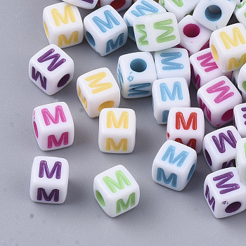 White Opaque Acrylic Beads, Horizontal Hole, Cube with Mixed Color Letter, Letter.M, 5x5x5mm, Hole: 2mm, about 5000pcs/500g
