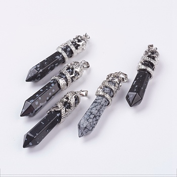 Natural Snowflake Obsidian Big Pointed Pendants, with Alloy Findings, Faceted, Bullet, Platinum, 59~63x11~12mm, Hole: 4x7mm