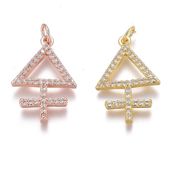 Brass Micro Pave Clear Cubic Zirconia Pendants, Long-Lasting Plated, With Jump Rings, Triangle with Cross, Mixed Color, 23x16x2mm, Hole: 3mm, Jump Ring: 5x1mm