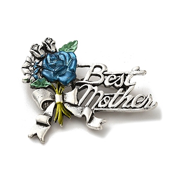 Mother's Day Tibetan Style Enamel Pins, Alloy Brooches for Backpack Clothes, Flower with Word Best Mother, Antique Silver, 38x47x5mm