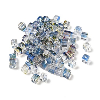 Two Tone Transparent Glass Beads, Cube, Steel Blue, 6x6x7mm, Hole: 1.4mm