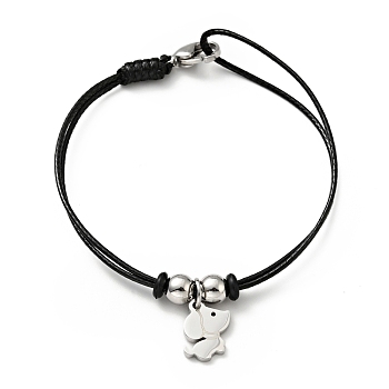 304 Stainless Steel Dog Charm Bracelet with Waxed Cord for Women, Stainless Steel Color, 7 inch(17.8cm)