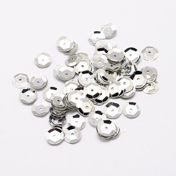 Plastic Paillette Beads, Semi-cupped Sequins Beads, Center Hole, Silver, 5x0.5mm, Hole: 1mm