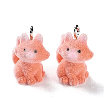 Animal Shape Flocky Resin Pendants, Cute Animal Charms with Platinum Plated Iron Loops, Fox, 20.5x18x16mm, Hole: 2mm