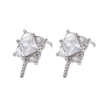 Brass Micro Pave Cubic Zirconia Studs Earrings Fiinding, Square, Platinum, 11x7mm, Pin: 0.8mm