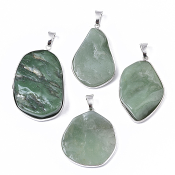 Natural Green Aventurine Pendants, with Platinum Tone Brass Edge and Iron Snap on Bails, Nuggets, 36~65x23~43x5~13mm, Hole: 5x9mm