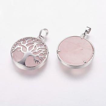 Natural Rose Quartz Pendants, with Brass Findings, Platinum, Flat Round with Tree, 31x27x6.5~7mm, Hole: 5x8mm