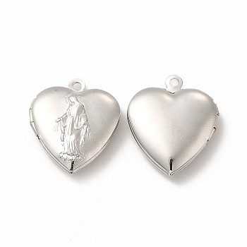 Brass Locket Pendants, Photo Frame Charms for Necklaces, Long-Lasting Plated, Heart with Saint Charm, Platinum, 22.5x19.5x5.5mm, Hole: 1.8mm