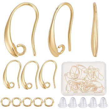 30Pcs Brass Earring Hooks, with Horizontal Loop, Cadmium Free & Nickel Free & Lead Free, with 30Pcs Open Jump Rings & 100Pcs Plastic Ear Nuts, Real 18K Gold Plated, 19x10x2mm, Hole: 2mm, Pin: 1mm