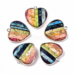 Natural Regalite/Imperial Jasper/Sea Sediment Jasper Pendants, Impression Jasper with Light Gold Tone Brass Edge, Dyed, Heart, Colorful, 24x21.5x6mm, Hole: 2mm(G-N326-77B-01)