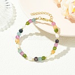 Natural Multicolor Tourmaline & Brass Beaded Bracelets for Women, Cube, 7.48 inch(19cm)(BJEW-JB13959)