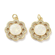 Brass Micro Pave Clear Cubic Zirconia Pendants, with Synthetic Opal and Jump Rings, Real 18K Gold Plated, Flower Charms, White, 21x18.5x3.5mm, Hole: 3mm(KK-L213-022G)