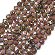 Natural Rhodonite Beads Strands, with Seed Beads, Faceted, Flat Round, 6~6.5x4mm, Hole: 1mm, about 50pcs/strand, 15.35''(39cm)(G-K389-B61-01)