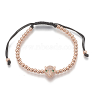 Brass Braided Bead Bracelets, with Micro Pave Cubic Zirconia and Polyester Cord, Leopard Head, Clear, Rose Gold, 1-3/4 inch(4.5cm)~3-1/2 inch(9cm)(ZIRC-T006-21RG-01)