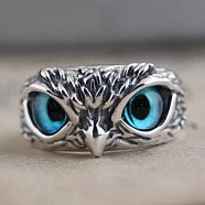 Men's Alloy Finger Rings, with Rhinestone, Owl, Sky Blue, Antique Silver, US Size 7 3/4(17.9mm)(RJEW-BB70577)