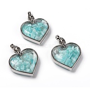 Glass Bottle Pendants, with Natural Amazonite Chips and Platinum Plated Alloy Findings, Heart, 40x32.5x11mm, Hole: 8x5mm(G-Z010-02N)