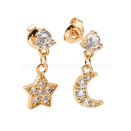Clear Cubic Zirconia Moon & Star Dangle Stud Earrings, Rack Plating Brass Asymmetrical Earrings for Women, Cadmium Free & Lead Free, Real 18K Gold Plated, 17mm, Pin: 0.7mm(EJEW-C030-10G)