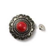 Alloy Buttons, with Synthetic Turquoise, DIY Accessaries, Flat Round with Flower, Red, 25x11mm, Hole: 2.5mm(FIND-WH0108-43AS-02)