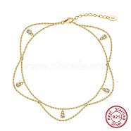 925 Sterling Silver Cable Chain Anklet, Micro Pave Grade 4A Cubic Zirconia Round Charm, Real 14K Gold Plated, 8-5/8 inch(21.8cm)(AJEW-Z029-10G)