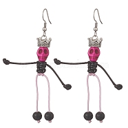 Synthetic Turquoise & Natural Lava Rock Braided Skeleton Dangle Earrings, 316 Surgical Stainless Steel Long Drop Earrings for Halloween, Deep Pink, 79mm, Pin: 0.8mm(EJEW-TA00226-01)