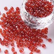 Glass Seed Beads, Trans. Colours Lustered, Round, Red, 4mm, Hole: 1.5mm, about 4500pcs/pound(SEED-A006-4mm-105)