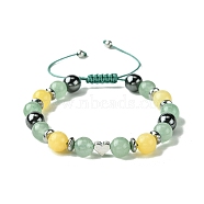 Natural Green Aventurine & Topaz Jade & Brass Heart Braided Bead Bracelet, Adjustable Bracelet for Women, Inner Diameter: 2-1/8~3-3/8 inch(5.4~8.6cm)(BJEW-JB09703-02)