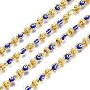 3.28 Feet Brass Link Chains, with Evil Eye Glass Beads, Unwelded, Long-Lasting Plated, Golden, Blue, Link: 9x4.5x5mm, Beads: 9.5x5.5x3.5mm(X-CHC-H101-14G)