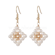 Natural Pearl Dangle Earrings, Golden Brass Wire Wrap Jewelry for Women, Rhombus Pattern, 44mm, Pin: 0.7mm(EJEW-JE05210-01)