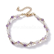 Natural Amethyst & Shell Pearl Beaded Bracelets, Round Beads Braided Bracelet for Women, Golden, 11 inch(28cm)(BJEW-TA00041-03)