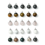 Natural Mixed Stone Pendant, with 201 Stainless Steel Cup Peg Bails Charms, Round, 14~15x10~11mm, Hole: 1.5mm(PALLOY-JF02252)