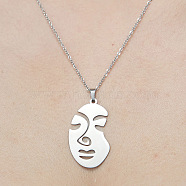 201 Stainless Steel Hollow Abstract Face Pendant Necklace, Stainless Steel Color, 17.72 inch(45cm)(NJEW-OY001-83)