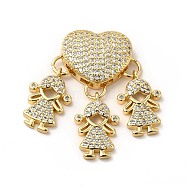 Rack Plating Brass Micro Pave Cubic Zirconia Pendants, Cadmium Free & Lead Free, Real 18K Gold Plated, Heart & Girl Charm, Clear, 30mm, Hole: 4x1.6mm(KK-E072-07G)