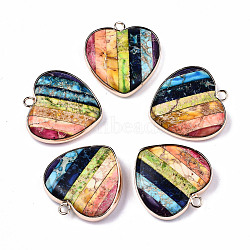 Natural Regalite/Imperial Jasper/Sea Sediment Jasper Pendants, with Light Gold Tone Brass Edge, Dyed, Heart, Colorful, 24x21.5x6mm, Hole: 2mm(G-N326-77B-01)