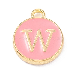 Golden Plated Alloy Enamel Charms, Enamelled Sequins, Flat Round with Alphabet, Letter.W, Pink, 14x12x2mm, Hole: 1.5mm(ENAM-Q437-14W)