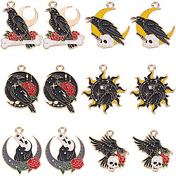 24Pcs 6 Styles Alloy Enamel Pendats, Raven, Black, 24.5~28.5x19.5~27.5x1.5mm, Hole: 1.5~2mm, 4pcs/style(ENAM-SC0006-40)