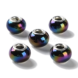 Opaque Brass Cores Acrylic European Beads, Round, Large Hole Bead, Silver, Black, 14x10mm, Hole: 5mm(OACR-M024-04S-07)