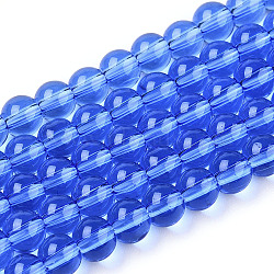 Transparent Glass Beads Strands, Round, Royal Blue, 4~4.5mm, Hole: 0.8mm, about 97~99pcs/strand, 14.76 inch~14.96 inch(37.5~38cm)(GLAA-T032-T4mm-04)
