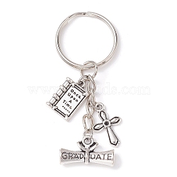 Tibetan Style Alloy Keychain, with Iron Split Key Rings, Ruler/Book, Book, 6.5cm, Pendants: 13~19.5x11.5~21.5x2~6mm(KEYC-JKC00705-02)