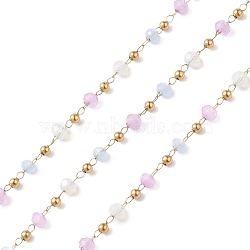 Handmade Glass Beaded Chains, Faceted, Unwelded, with 304 Stainless Steel Chains, Golden, Round, Pearl Pink, 2~3x2~2.5mm(CHS-P016-45G-05)